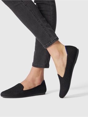 Rothy's Honeycomb Black Knit Slip-On Loafers with Blue Trim Size 9.5